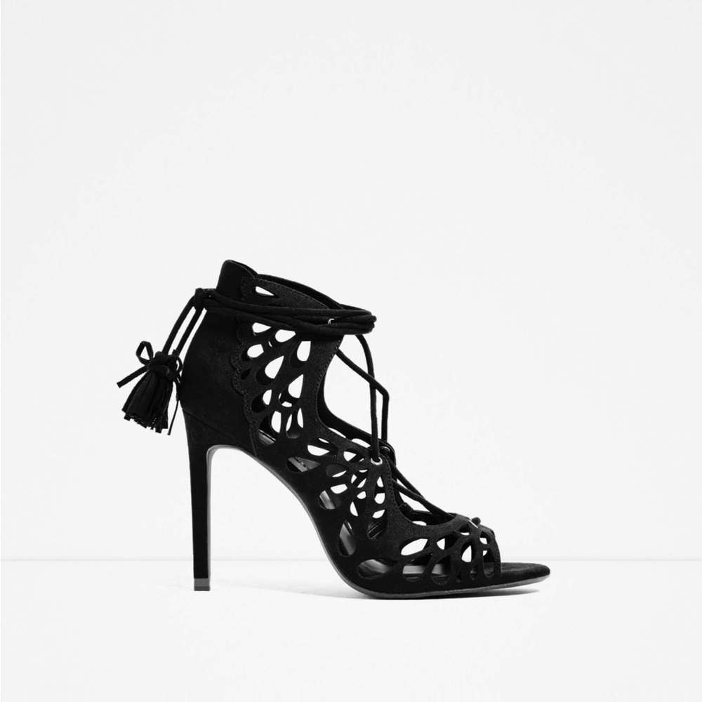 Zara Black Open Work Wrap Around Open Toe High Heel Shoe w/Tassel Lace U…